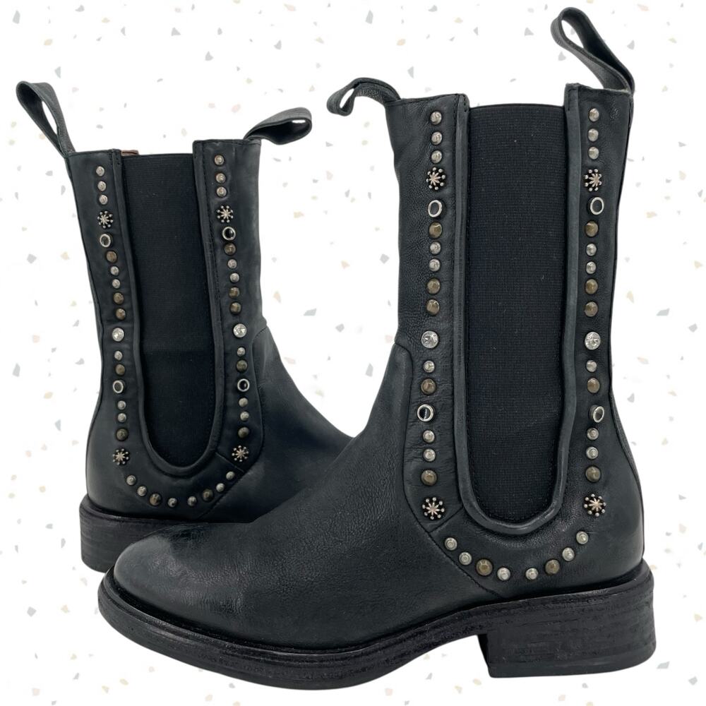 A.S.98 Studded Black Leather Boots Tall Chelsea Boho Embellished Biker Size 37